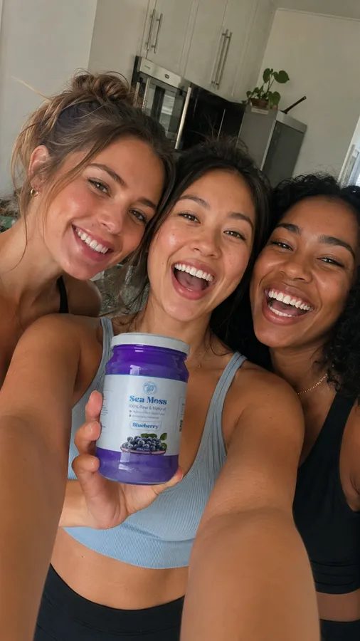 Group selfie enjoying Fresh Sea Moss blueberry smoothies together